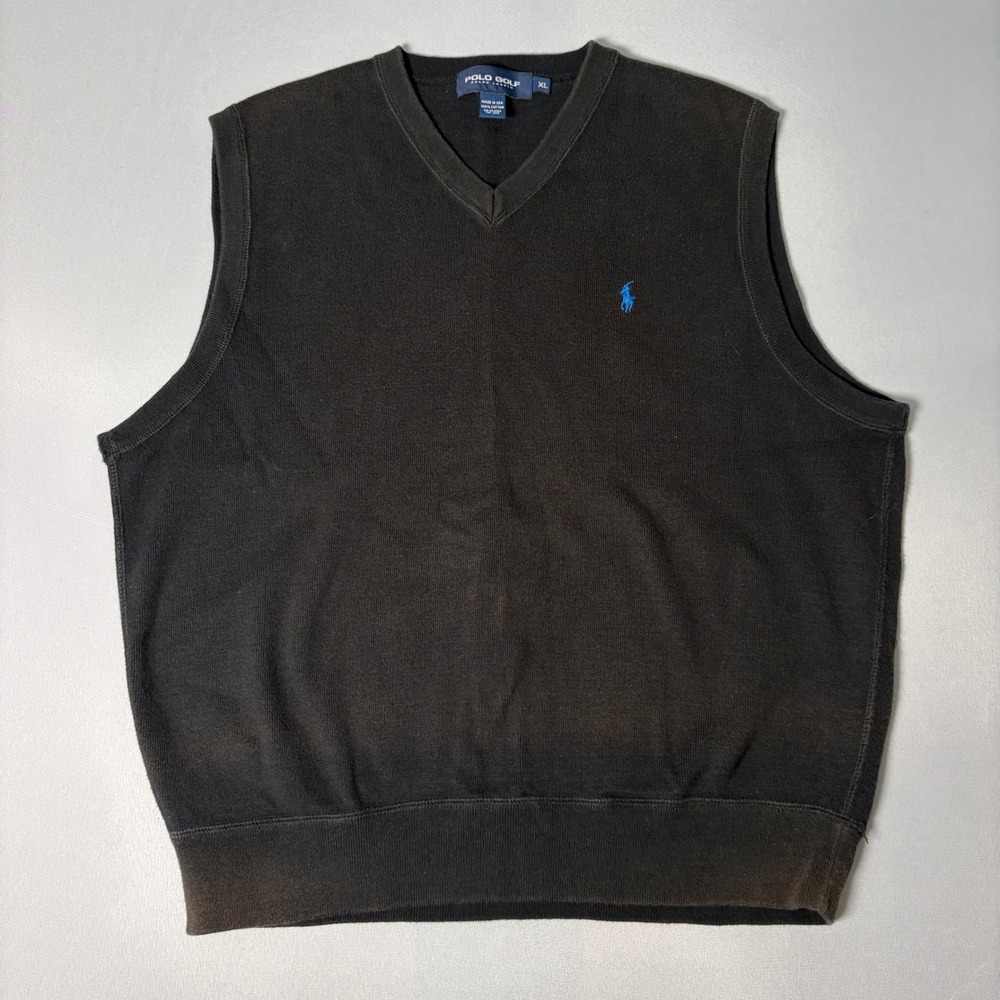 Polo Golf Ralph Lauren Mens XL Black V-Neck Cotton Sweater Vest Made in USA